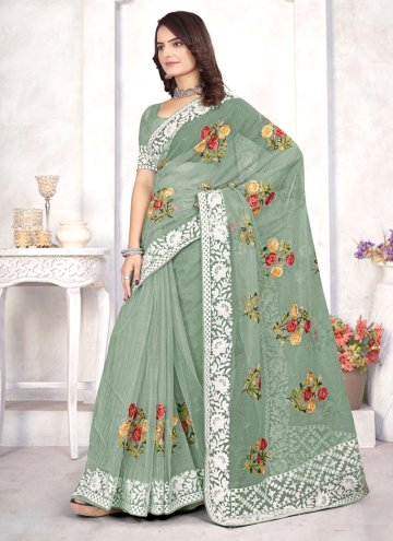 Alluring Green Organza Embroidered Designer Saree for Ceremonial