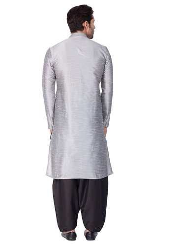 Alluring Grey Art Dupion Silk Plain Work Kurta Pyjama