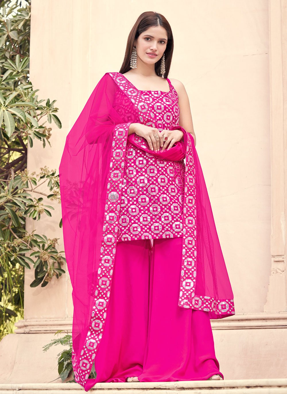 Alluring Hot Pink Faux Georgette Fancy work Designer Pakistani Salwar Suit for Ceremonial