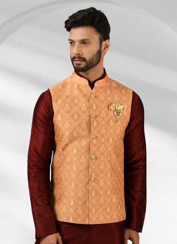 Alluring Maroon and Peach Banarasi Embroidered Kurta Payjama With Jacket