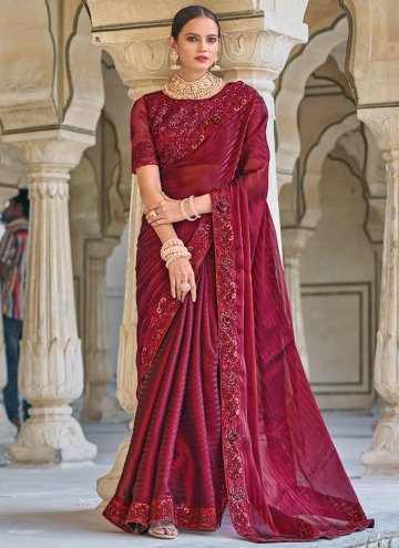 Alluring Maroon Fancy Fabric Embroidered Trendy Saree for Ceremonial