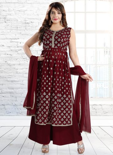Alluring Maroon Faux Georgette Embroidered Palazzo