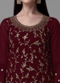 Alluring Maroon Faux Georgette Embroidered Trendy Salwar Kameez - 1