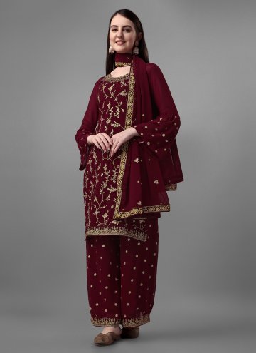 Alluring Maroon Faux Georgette Embroidered Trendy 