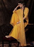 Alluring Mustard Net Sequins Work Designer Palazzo Salwar Suit - 1