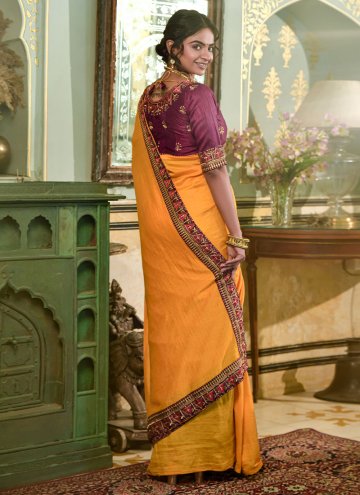 Alluring Mustard Vichitra Silk Embroidered Designer Saree