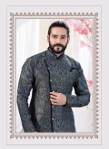 Alluring Navy Blue Jacquard Print Indo Western for Ceremonial - 1