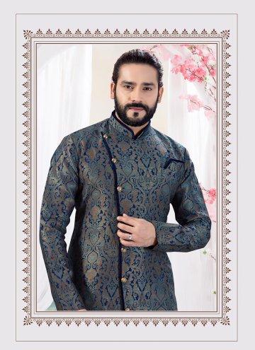 Alluring Navy Blue Jacquard Print Indo Western for Ceremonial