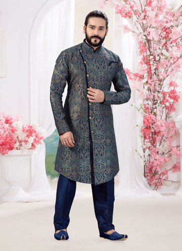 Alluring Navy Blue Jacquard Print Indo Western for Ceremonial