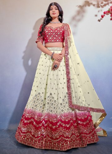 Alluring Off White and Red Chinon Embroidered Lehe
