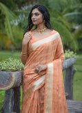 Alluring Orange Organza Strips Print Trendy Saree - 1