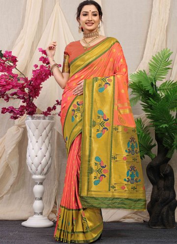 Alluring Peach Banarasi Woven Classic Designer Sar