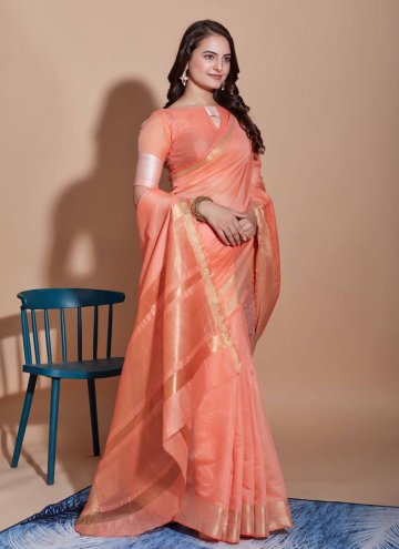 Alluring Peach Cotton  Woven Traditional Saree for