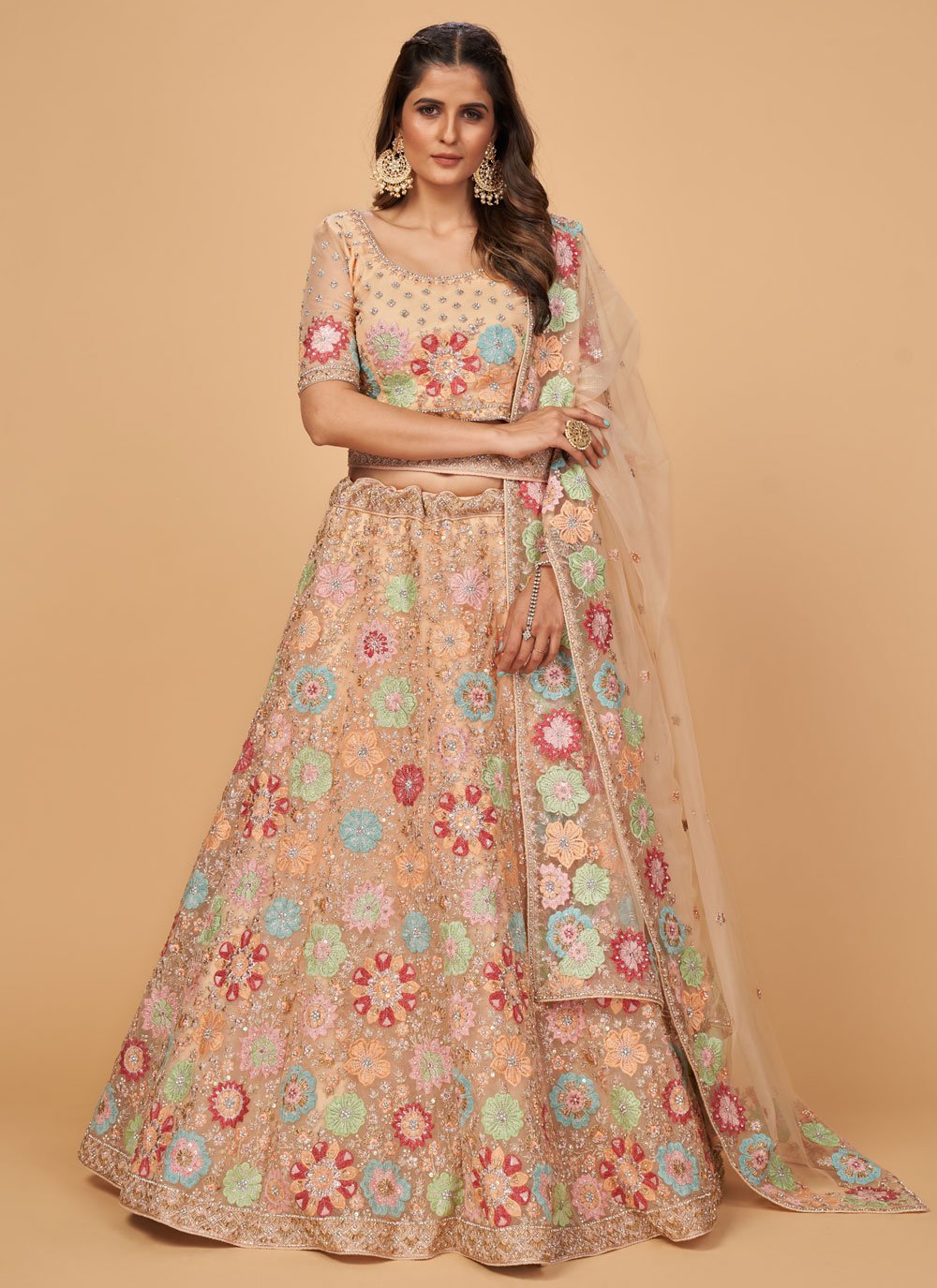 Alluring Peach Net Sequins Work Designer A Line Lehenga Choli for Bridal