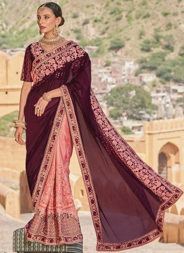 Alluring Pink and Wine Fancy Fabric Embroidered Classic Designer Saree