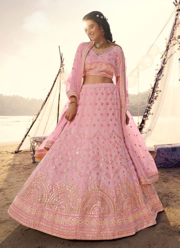 Alluring Pink Organza Mirror Work A Line Lehenga Choli for Bridal