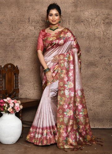 Alluring Pink Silk Floral Print Contemporary Saree