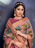 Alluring Pink Tussar Silk Embroidered Classic Designer Saree - 1