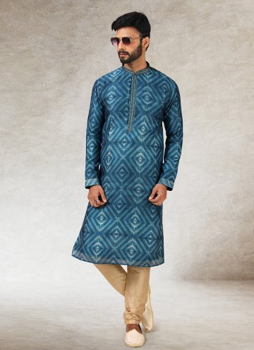 Alluring Printed Art Silk Blue Kurta Pyjama