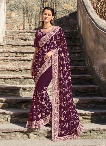 Alluring Purple Shimmer Embroidered Designer Saree
