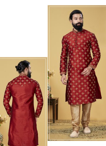 Alluring Red Art Dupion Silk Embroidered Kurta Pyjama for Engagement