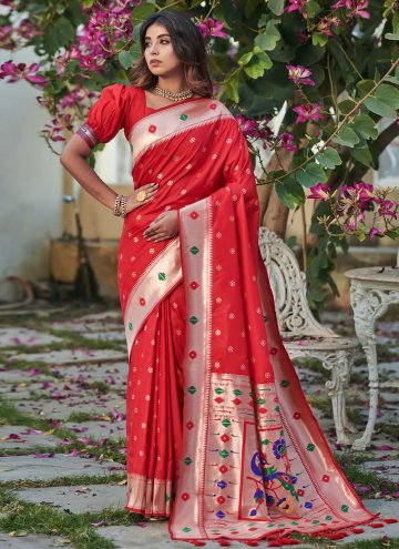 Alluring Red Banarasi Woven Traditional Saree for Festival
