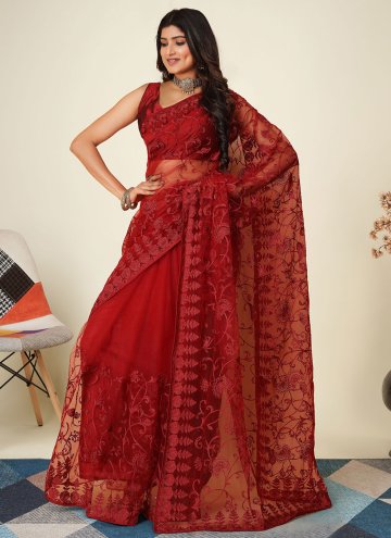 Alluring Red Chinon Embroidered Contemporary Saree