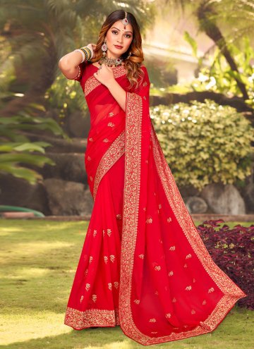 Alluring Red Georgette Embroidered Designer Saree for Ceremonial