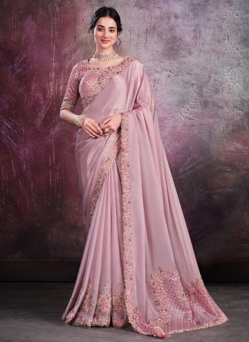 Alluring Rose Pink Crepe Silk Applique Contemporary Saree