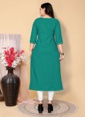 Alluring Teal Cotton  Embroidered Designer Kurti for Casual - 1