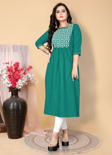 Alluring Teal Cotton  Embroidered Designer Kurti for Casual