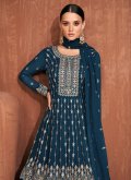 Alluring Teal Pure Georgette Embroidered A Line Lehenga Choli for Ceremonial - 1