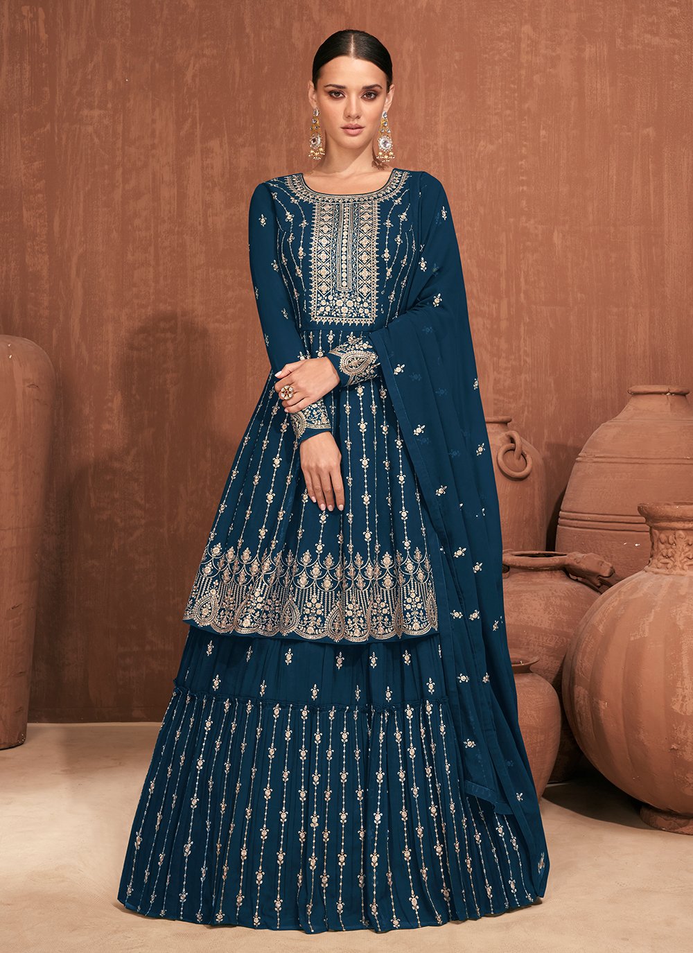Alluring Teal Pure Georgette Embroidered A Line Lehenga Choli for Ceremonial
