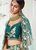 Alluring Teal Silk Embroidered Lehenga Choli for Engagement - 1