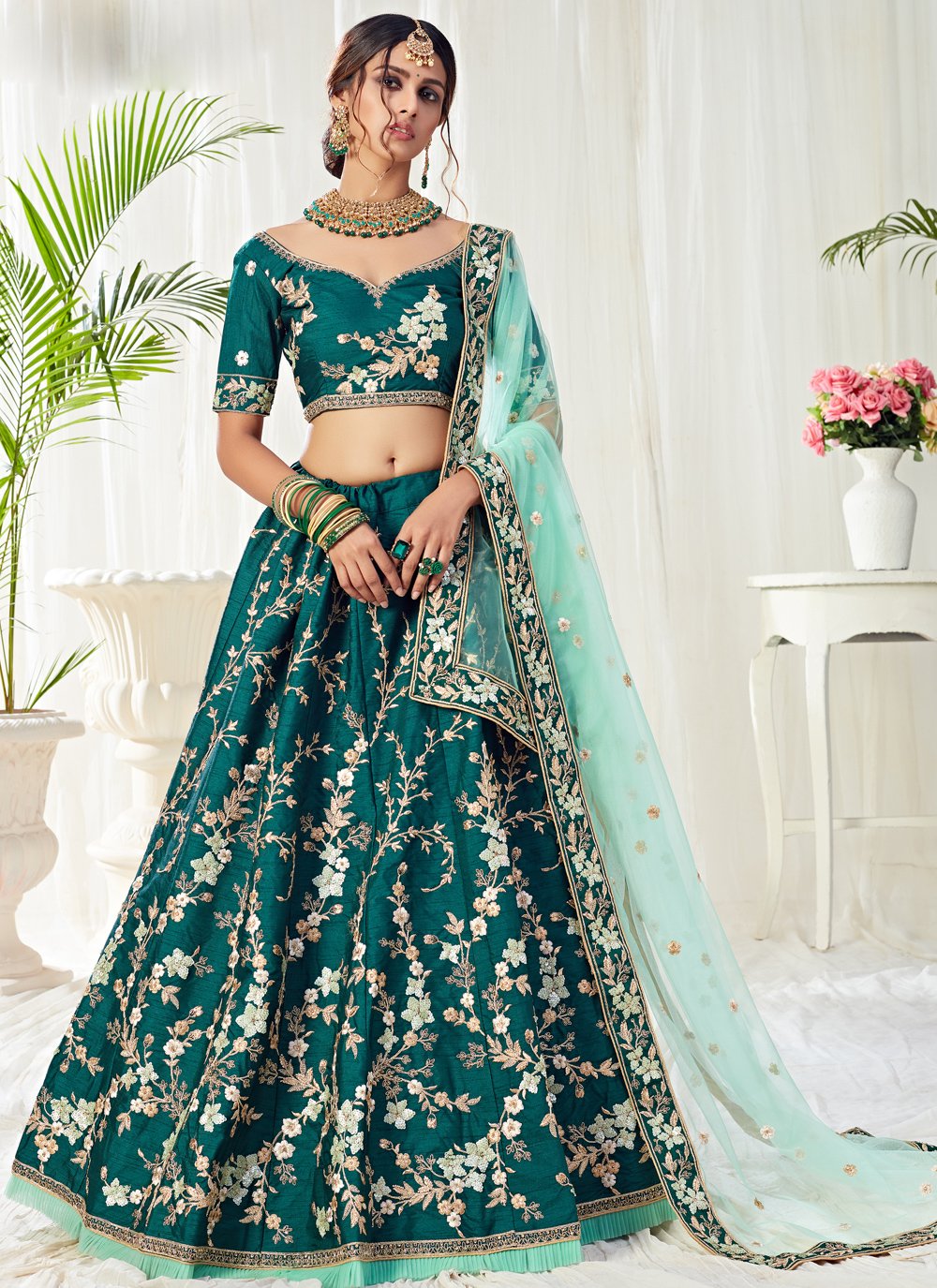 Alluring Teal Silk Embroidered Lehenga Choli for Engagement