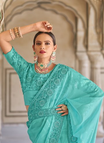 Alluring Turquoise Fancy Fabric Embroidered Designer Saree