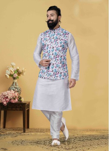 Alluring White Art Dupion Silk Printed Kurta Payjama With Jacket