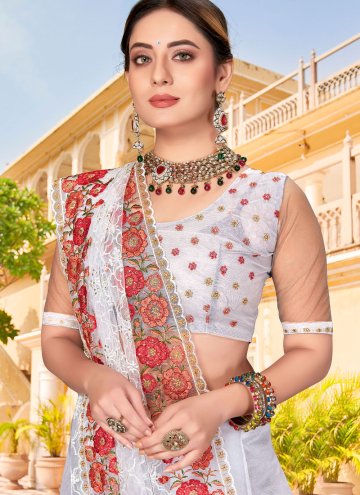Alluring White Net Embroidered Designer Saree for Engagement