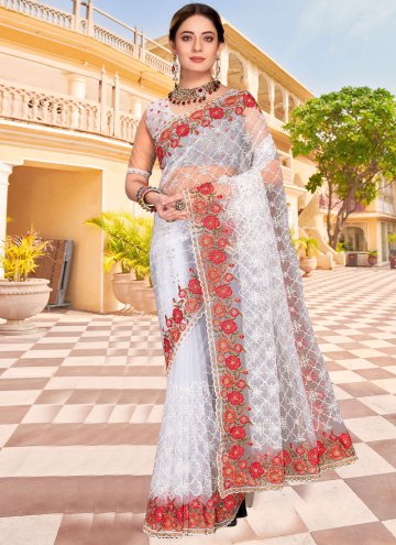 Alluring White Net Embroidered Designer Saree for 
