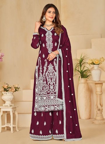 Alluring Wine Art Silk Embroidered Palazzo Suit