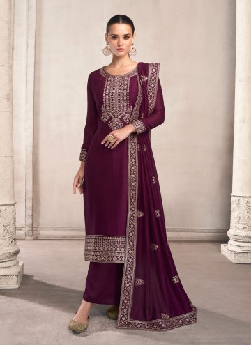 Alluring Wine Silk Embroidered Trendy Salwar Suit