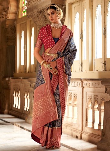 Alluring Woven Banarasi Navy Blue and Red Classic Designer Saree