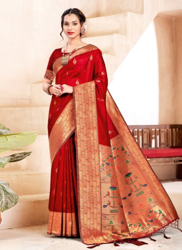 Alluring Woven Silk Red Traditional Saree