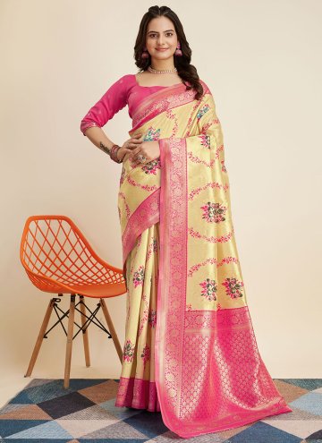 Alluring Yellow Banarasi Woven Classic Designer Sa
