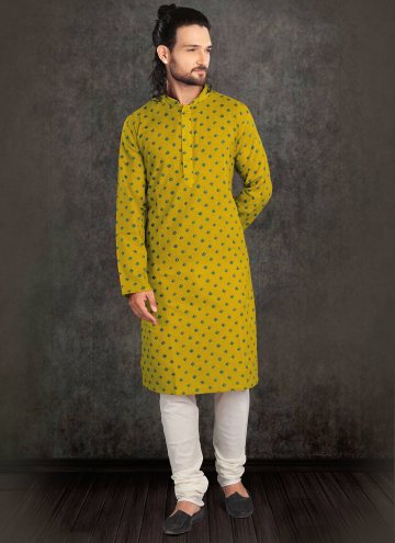 Alluring Yellow Cotton  Printed Kurta Pyjama