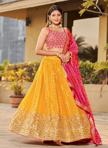 Alluring Yellow Georgette Embroidered A Line Lehenga Choli