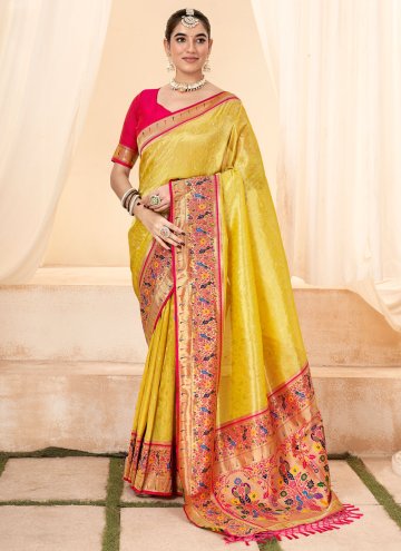 Alluring Yellow Handloom Silk Jacquard Work Trendy Saree