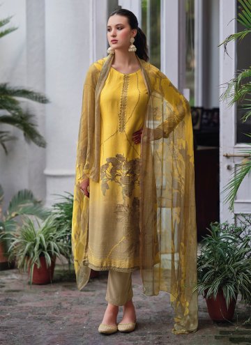 Alluring Yellow Muslin Embroidered Trendy Salwar Kameez