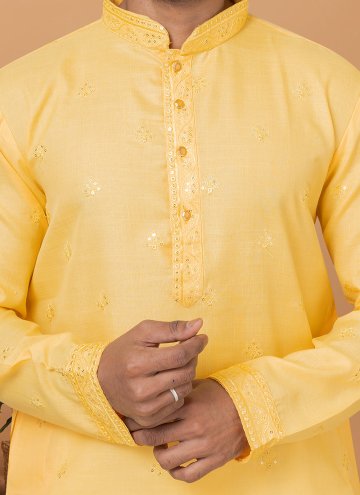 Alluring Yellow Poly Cotton Embroidered Kurta Pyjama