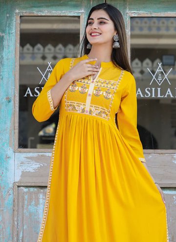 Alluring Yellow Rayon Embroidered Casual Kurti